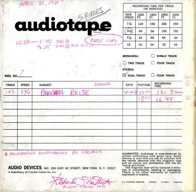 Audio Recordings depicts: Back of open reel box with event information