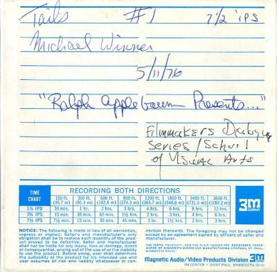 Audio Recordings depicts: Back of open-reel tape box, "Michael Winner 5/11/76 Ralph applebaum presents..." Filmmakers Dialogue Series School of Visual Arts" handwritten in pen