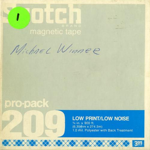 Audio Recordings depicts: Front of open reel box with handwritten "Michael Winner"