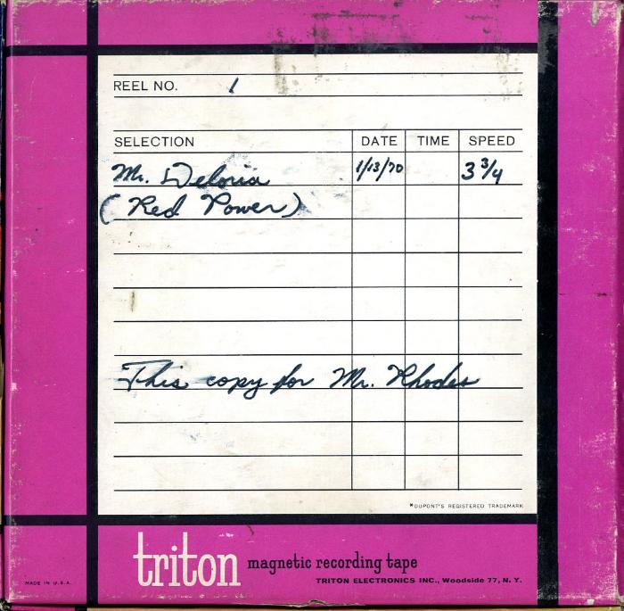 Audio Recordings depicts: Back of open reel box with event information