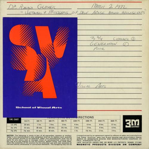 Audio Recordings depicts: Back of open reel box with event and technical information