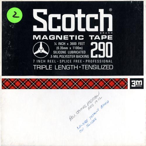 Audio Recordings depicts: Front of open reel box with event information