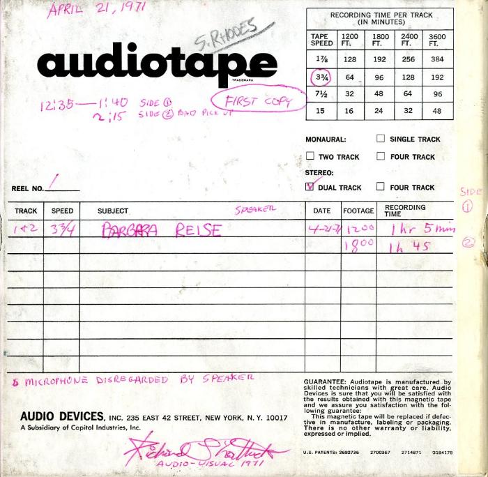 Audio Recordings depicts: Back of open reel box with event information