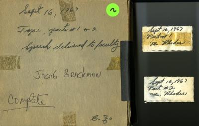 Audio Recordings depicts: Front of open reel box with event information