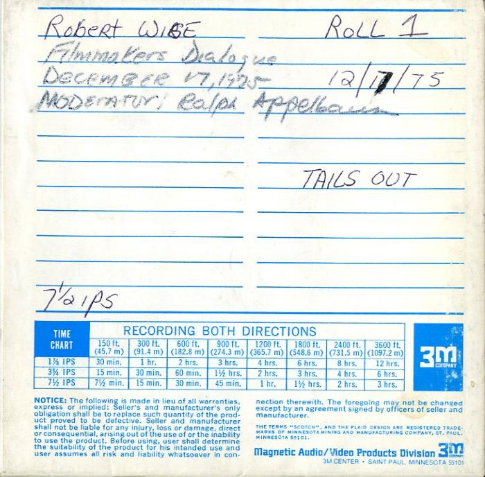 Audio Recordings depicts: Back of open reel box with event information