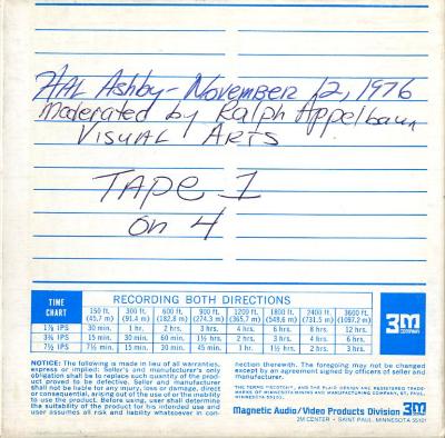 Audio Recordings depicts: Back of open-reel tape box, "Hal Ashby November 12, 1976, moderator Ralph Appelbaum School of Visual Arts Tape 1 on A" handwritten in pen