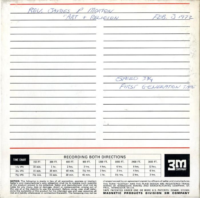 Audio Recordings depicts: Back of open reel box with event and technical information