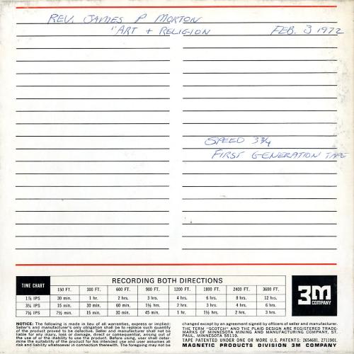 Audio Recordings depicts: Back of open reel box with event and technical information