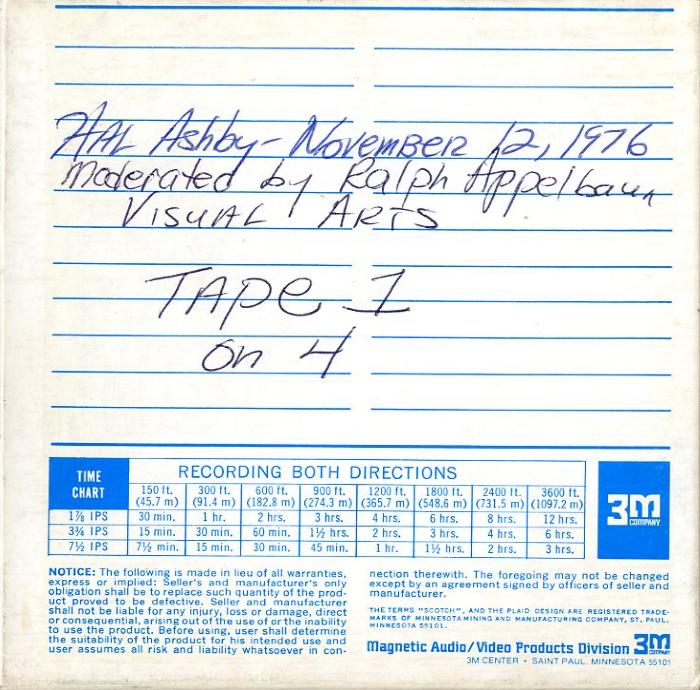 Audio Recordings depicts: Back of open-reel tape box, "Hal Ashby November 12, 1976, moderator Ralph Appelbaum School of Visual Arts Tape 1 on A" handwritten in pen