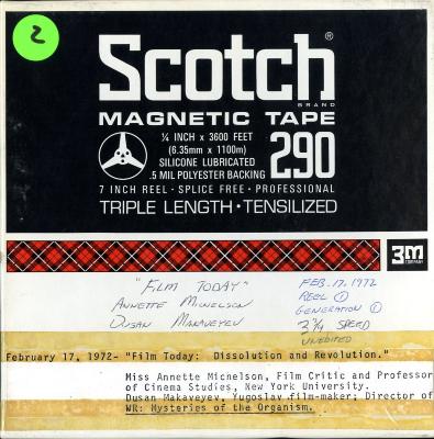 Audio Recordings depicts: Front of open reel box with event and technical information