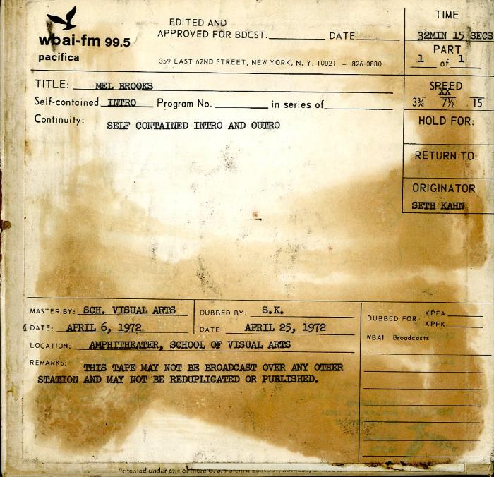 Audio Recordings depicts: Front of open reel box with event information