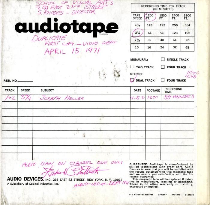 Audio Recordings depicts: Back of open reel box with event and technical information