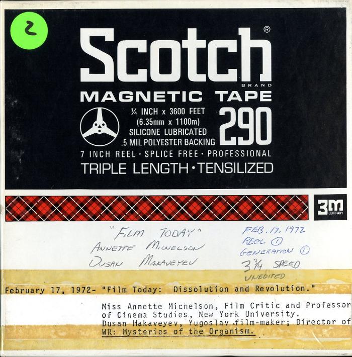 Audio Recordings depicts: Front of open reel box with event and technical information