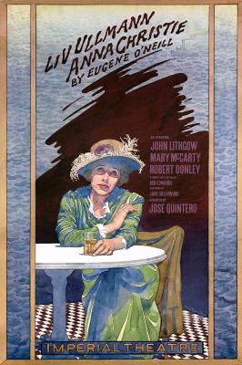 Posters depicts: Front full body view of a woman sitting at a table holding a drink in her left hand and her other hand on her opposite shoulder with her legs crossed. She is wearing a fancy green dress and straw hat, with her brown coat over the chair she is sitting in and she is frowning, with the background of the image being blue and maroon.