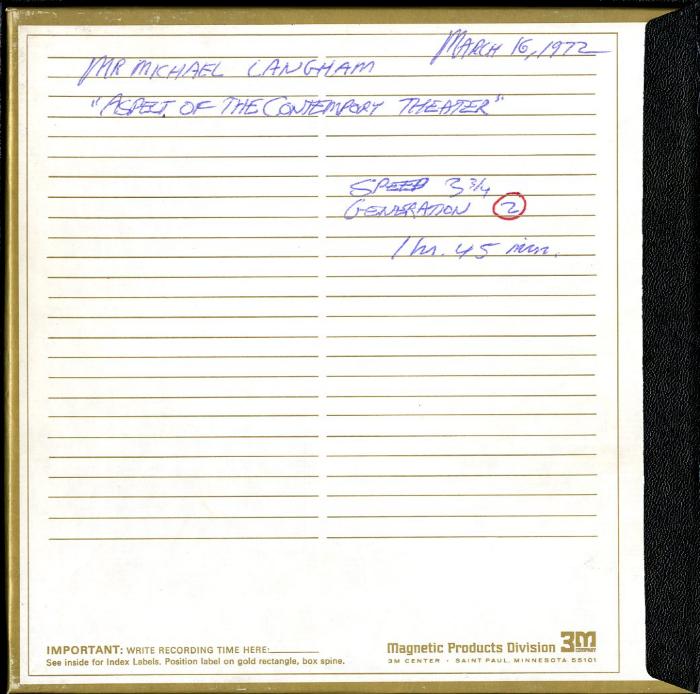 Audio Recordings depicts: Back of open reel box with event and technical information