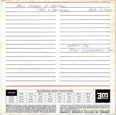 Audio Recordings depicts: Back of open reel box with event and technical information