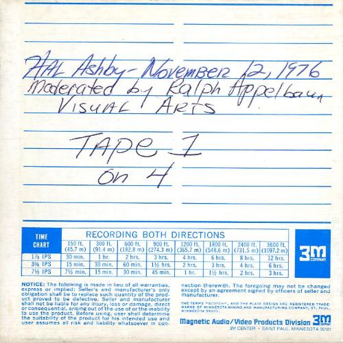 Audio Recordings depicts: Back of open-reel tape box, "Hal Ashby November 12, 1976, moderator Ralph Appelbaum School of Visual Arts Tape 1 on A" handwritten in pen