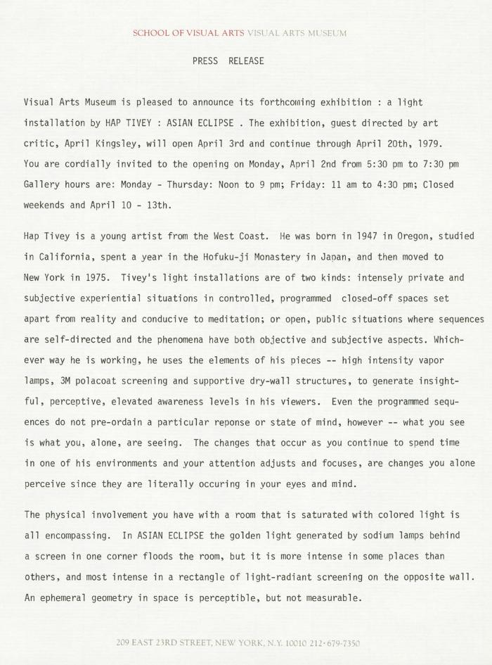 Press Releases depicts: Typewritten description of exhibition