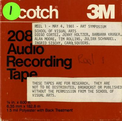 Audio Recordings depicts: Front of open-reel tape box, labeled "Reel 1"