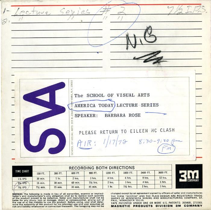 Audio Recordings depicts: Back of open reel box with event and technical information