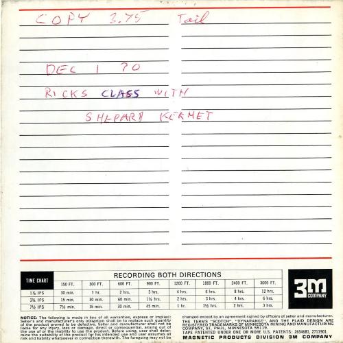 Audio Recordings depicts: Back of open reel box with handwritten "Dec 1 70; Rick's Class with Shepard Kermet"