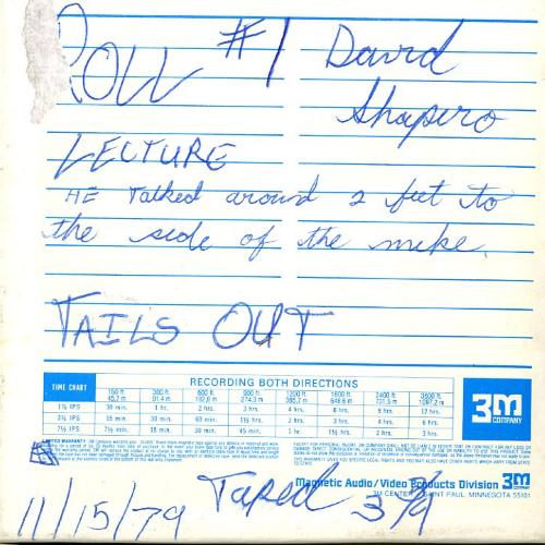 Audio Recordings depicts: Back of open reel box with event and technical information