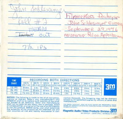 Audio Recordings depicts: Back of open reel box with event and technical information