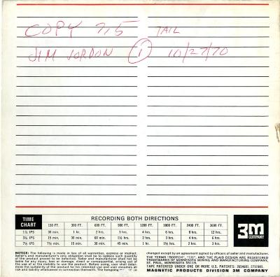 Audio Recordings depicts: Back of open reel box with handwritten "Jim Jordan 10/27/70"