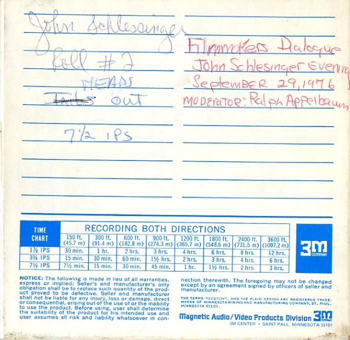 Audio Recordings depicts: Back of open reel box with event and technical information