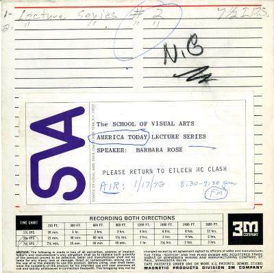 Audio Recordings depicts: Back of open reel box with event and technical information