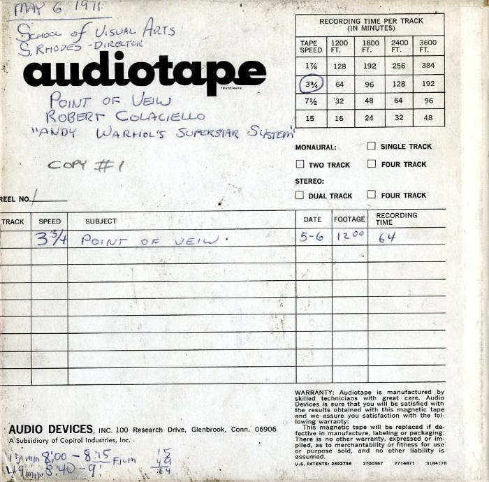 Audio Recordings depicts: Back of open reel box with event and technical information