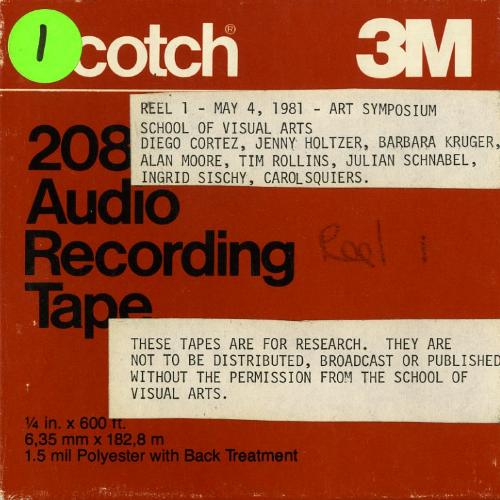 Audio Recordings depicts: Front of open-reel tape box, labeled "Reel 1"