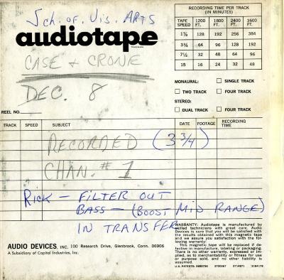 Audio Recordings depicts: Back of open reel box with technical information