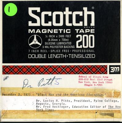 Audio Recordings depicts: Front of open reel box with event information