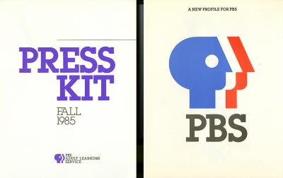 Graphic Standards Manuals depicts: Geometric silhouette of 3 persons profiles in blue white and red on the right. "Press Kit" in big purple text on the left.