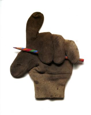Announcements and invitations depicts: Dirty glove holding a color pencil. Index finger and thumb extended. 
