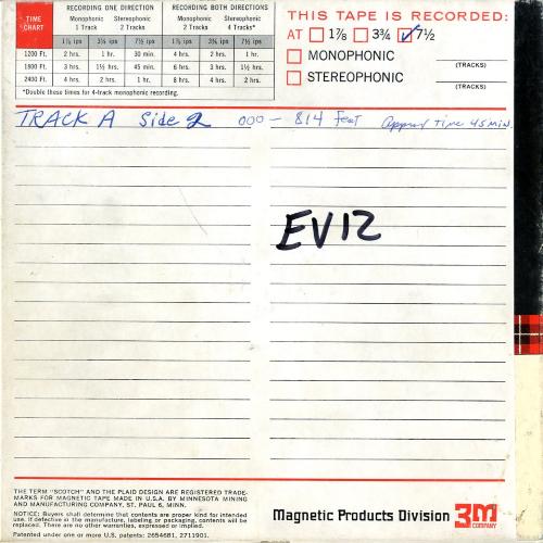 Audio Recordings depicts: Front of open-reel tape box, "Track A Side 2 000-814 feet approx time 45 min" written in pen