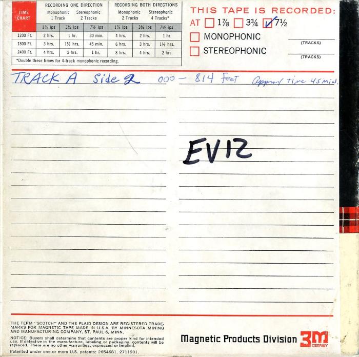 Audio Recordings depicts: Front of open-reel tape box, "Track A Side 2 000-814 feet approx time 45 min" written in pen
