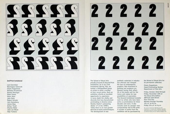 Posters depicts: Right half shows four rows of the numeral two in black type over exhibition description, while left half mirrors rows in three-dimensional white type with black sides above list of participating artists