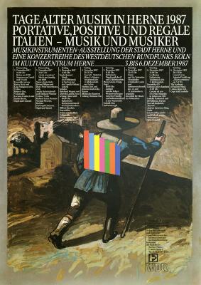 Posters depicts: Painting of a man with a hat walking with a hiking stick with color stripes on his back