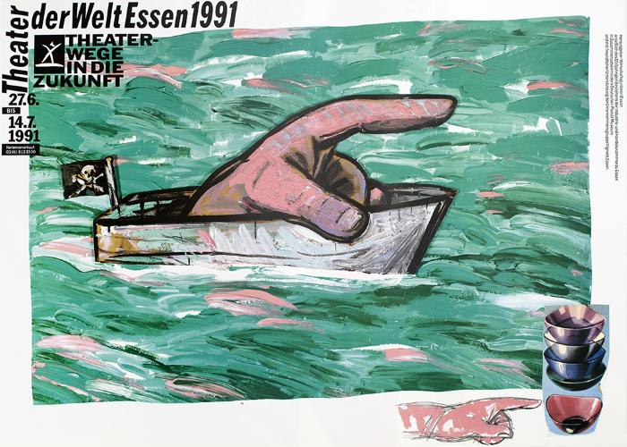 Posters depicts: Painting of a giant hand pointing forward riding a boat with a pirate flag on the back 