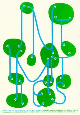 Posters depicts: Illustration of variously sized green ovals with holes being connected by blue yarn like lines