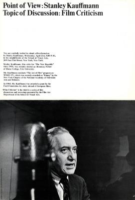 Posters depicts: black and white photo of older white man behind a microphone