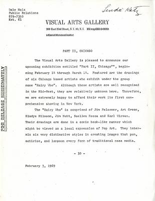 Press Releases depicts: typed press release on Visual Arts Gallery letterhead