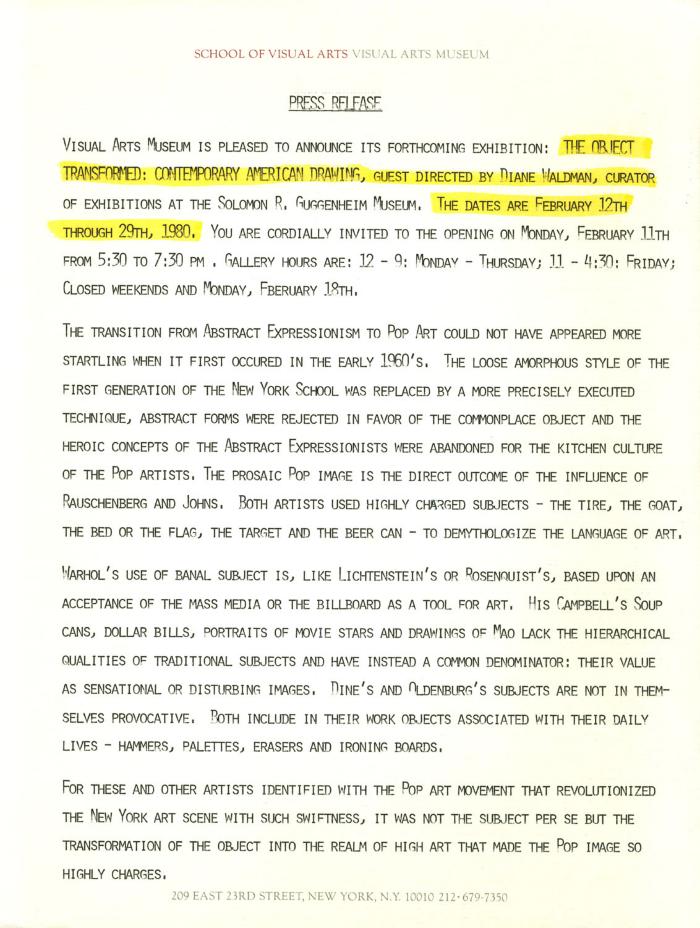 Press Releases depicts: Typewritten description of exhibition