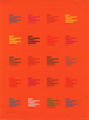 Advertisements depicts: "The paper that suggests endless combinations: GRANDEE" printed over and over again in various colors over an orange background 