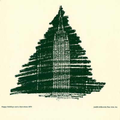Cards depicts: A scribble drawing of a Christmas Tree with the imprint of the Empire State Building showing through