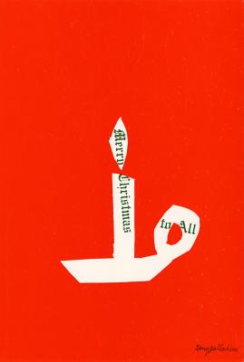Cards depicts: White cutout candle in a candle holder on red background. Inside the candle holder reads "Merry Christmas to All"