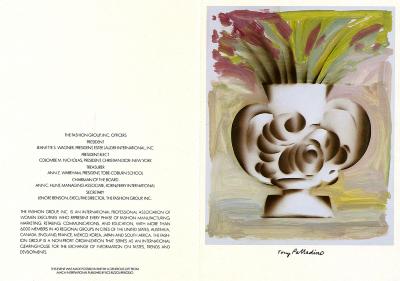 Announcements and invitations depicts: Abstract painting of a vase with pink and green flowers