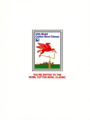 Announcements and invitations depicts: Red pegasus jumping through the end zone goal post inside of a stamp border